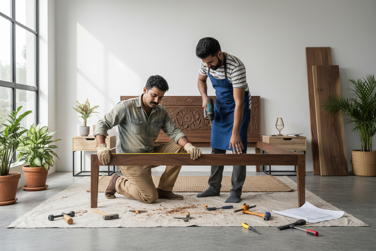 2 Indian carpenter installing custom bed and taking measurement in bedroom