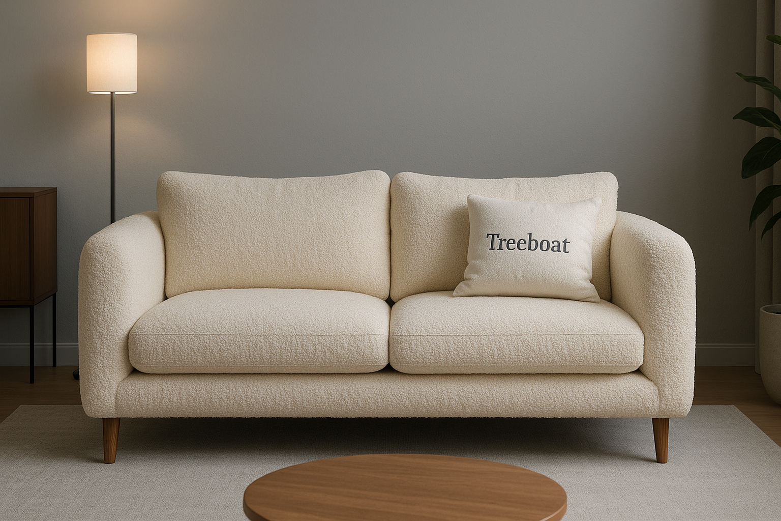 2-Seater Sofa in boucle fabric, in Ash grey background living room, mention Treeboat on cushion