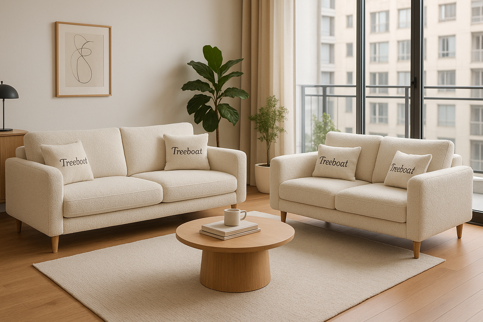 3+2 Seater Sofa in boucle fabric, in apartment living room, mention Treeboat on cushions