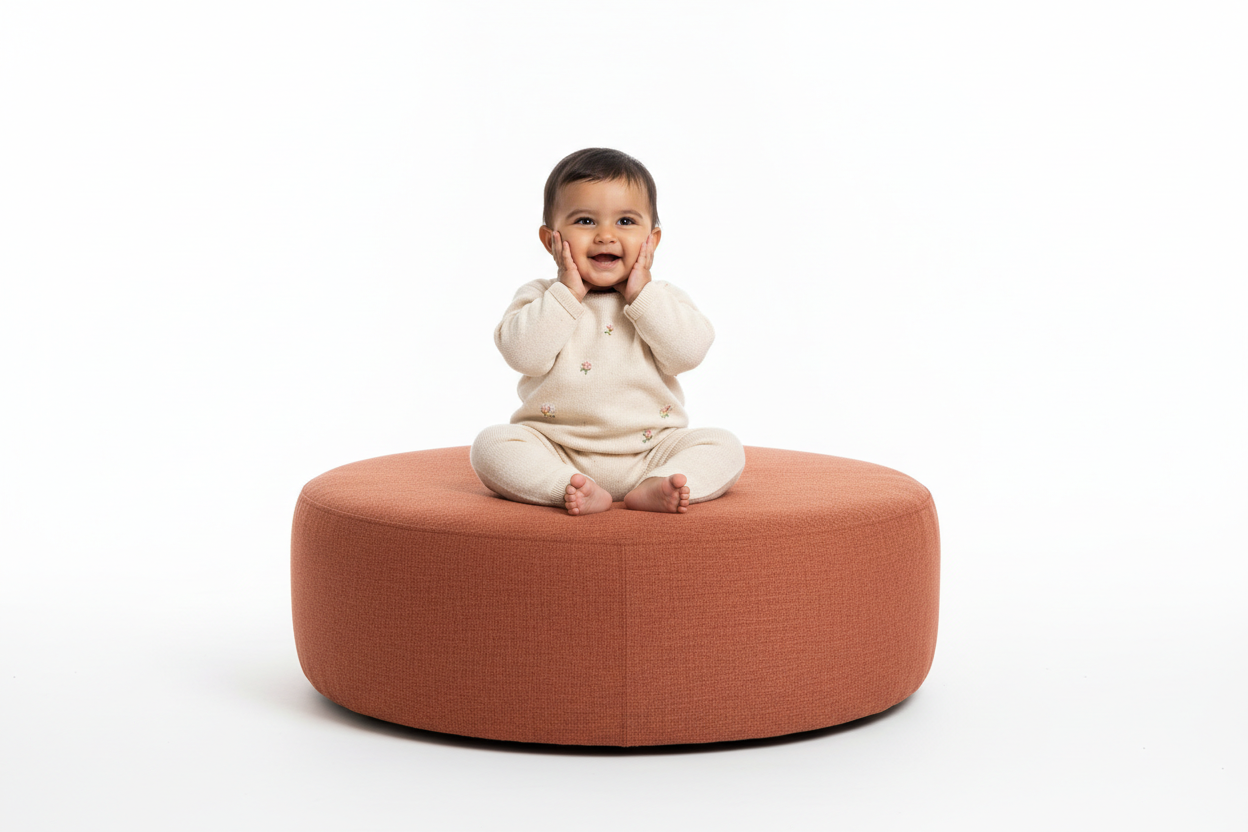 low heighted ottoman in rust color, an Indian baby girl seating on it and smiling with touching her chicks, without background, image zoom out, size 1024X1024