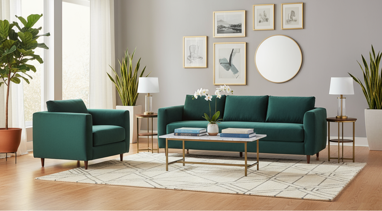 slideshow banner for Vessel them "Sofa and Accent Chair" in teal green color boucle fabric with beautiful background, zoom out