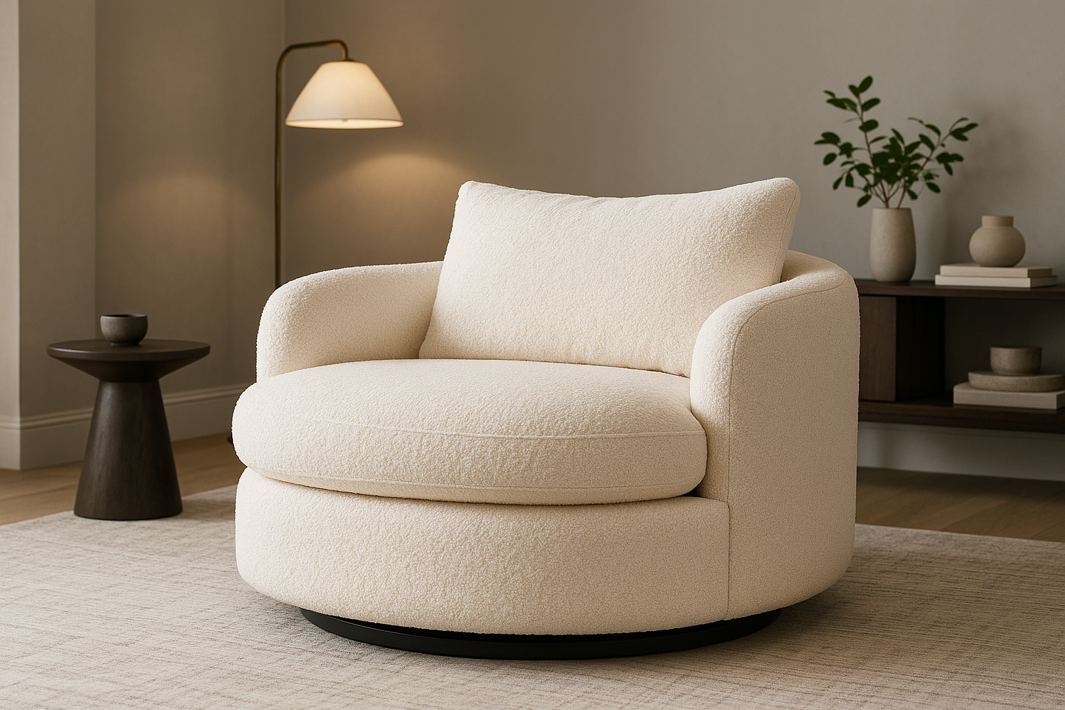 swivel lounger chair in boucle fabric, in living room ash grey background